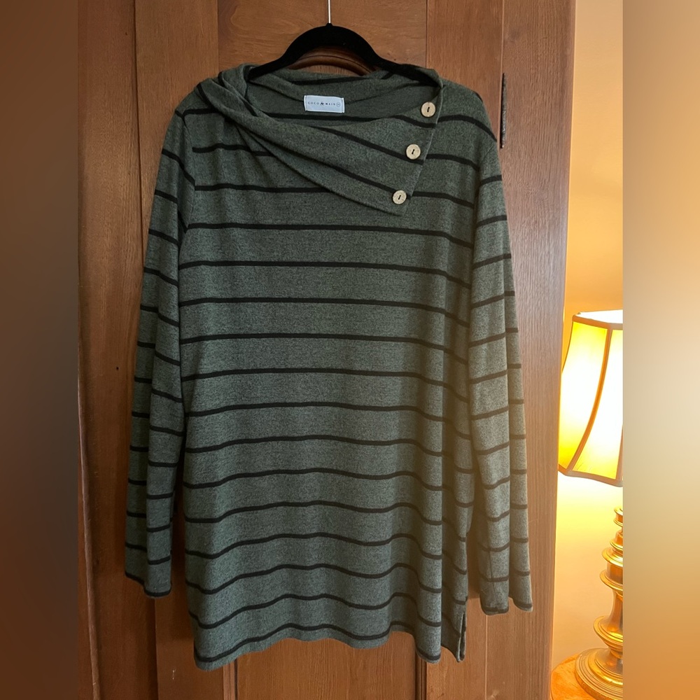 Olive Striped Cowl Neck Sweater with Button Accents
